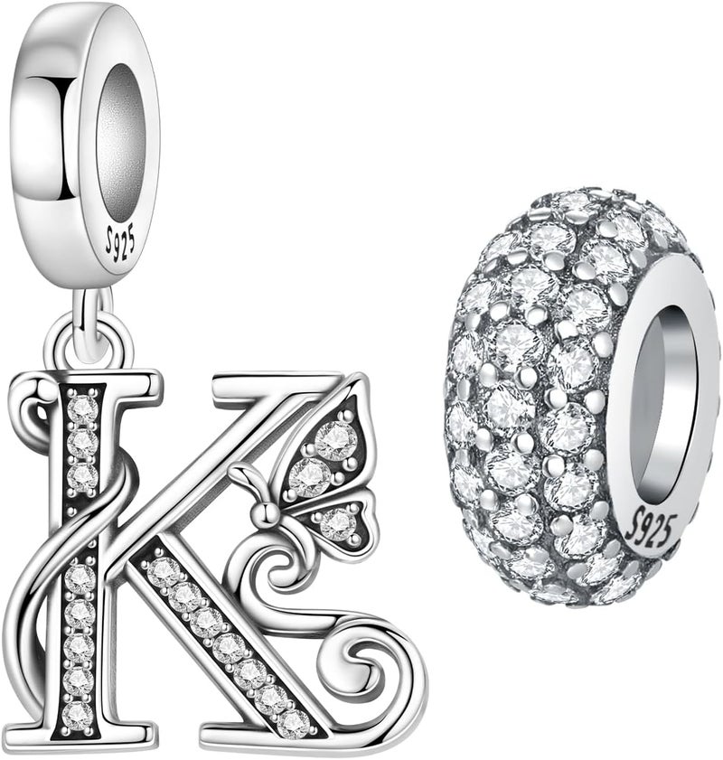 PANPOKI Store 2 Pack 925 Sterling Silver Butterfly Letter Charms for Bracelets and Necklace Alphabet Initial Dangle Pendants Round Spacer Beads Pave Cubic Zirconia Jewelry Gift for Women - Image 1